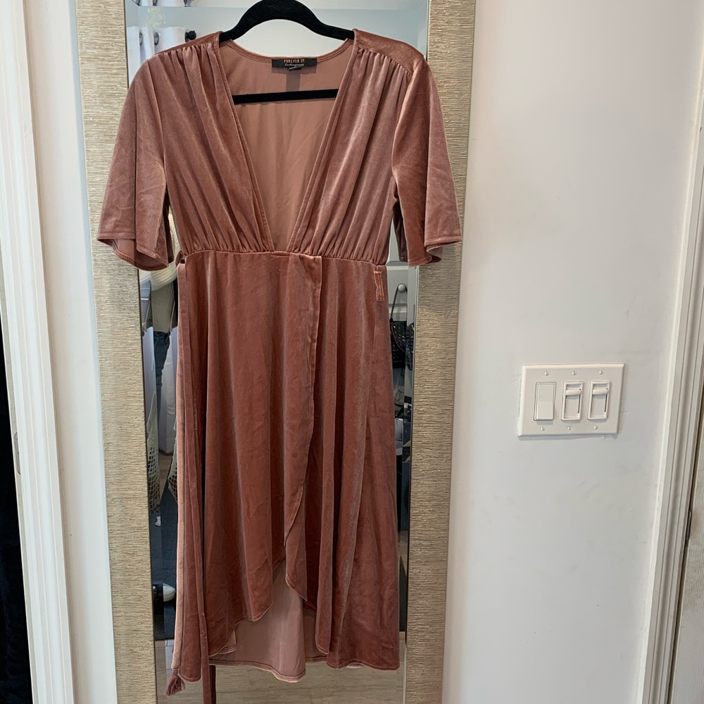 Pink velvet faux wrap dress